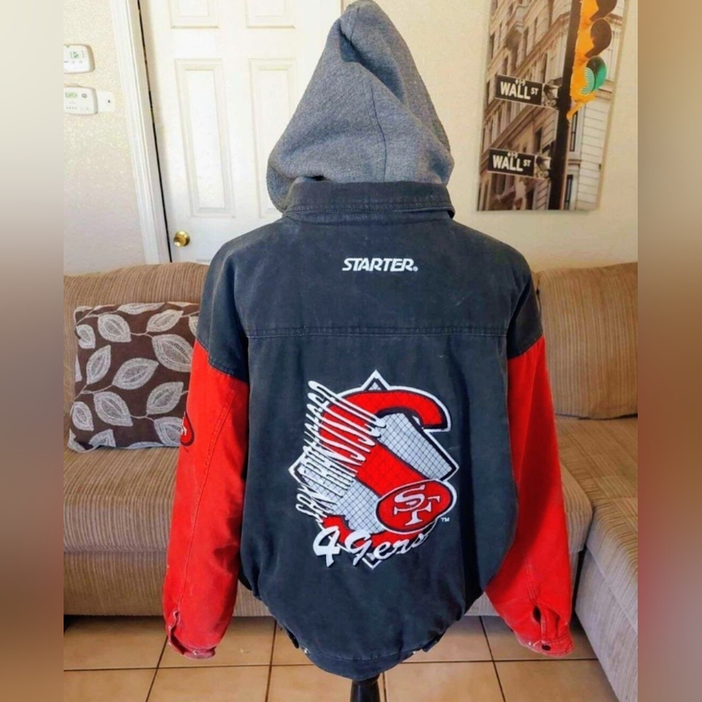 Starter 49ers Jean Jacket with Red and Gray Design Size Large